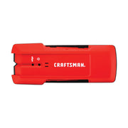 Photo of Craftsman red stud finder CMHT77633, top view, with white logo and control buttons, on white background.