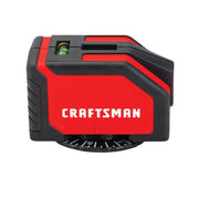 Photo of Craftsman red and black laser level CMHT77634, front angle, with visible level vial and dial base.