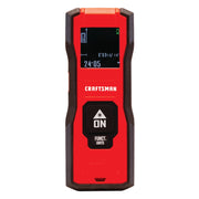Photo of Craftsman laser distance measurer CMHT77638, red and black, front view with digital display and buttons.
