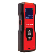 Photo of Craftsman laser distance measurer CMHT77638, red and black, angled view on white background.