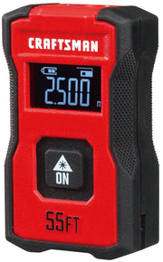 Craftsman CMHT77721 laser distance measurer, red and black, front angle, digital screen shows 2.500 meters.