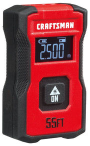 Photo of Craftsman laser distance measurer CMHT77721, red and black, front angled view, digital display.