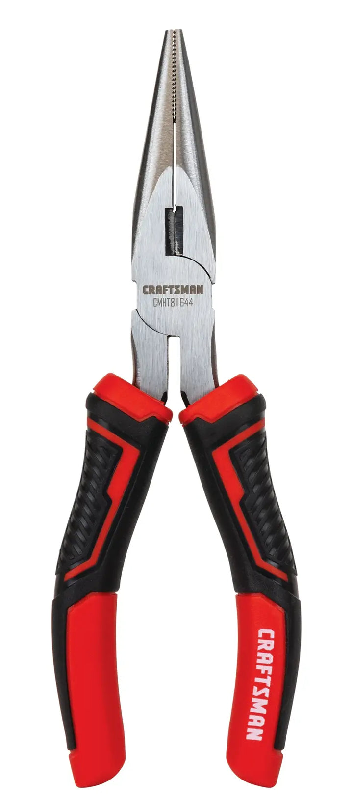 Photo of Craftsman needle nose pliers CMHT81644 with red and black ergonomic handles, front view on white background.