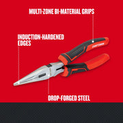 Photo of Craftsman long nose pliers CMHT81645 with multi-zone bi-material grips, induction-hardened edges, drop-forged steel.