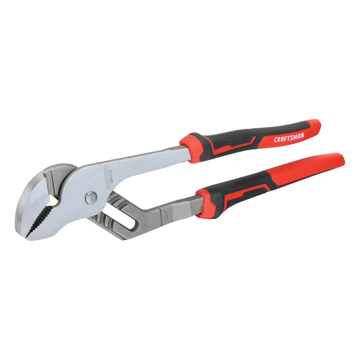 Craftsman CMHT81721 tongue and groove pliers with black and red ergonomic handles, front angle on white.