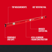 Craftsman 48-inch aluminum I-beam level CMHT82345, red, with removable end caps and rotating vial, side angle.