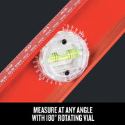 Craftsman graphics close up of red level with 180° rotating vial and clear markings, SKU CMHT82345.