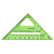 Photo of Craftsman green plastic speed square with black markings, model CMHT82386G, front angle.