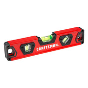 Photo of Craftsman red spirit level, SKU CMHT82390, with three vials, angled view on white background.