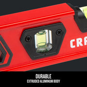 Photo of Craftsman red level with extruded aluminum body, visible bubble vial, SKU CMHT82390.