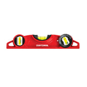 Photo of Craftsman CMHT82391 red torpedo level with three vials and angle gauge, front view on white background.