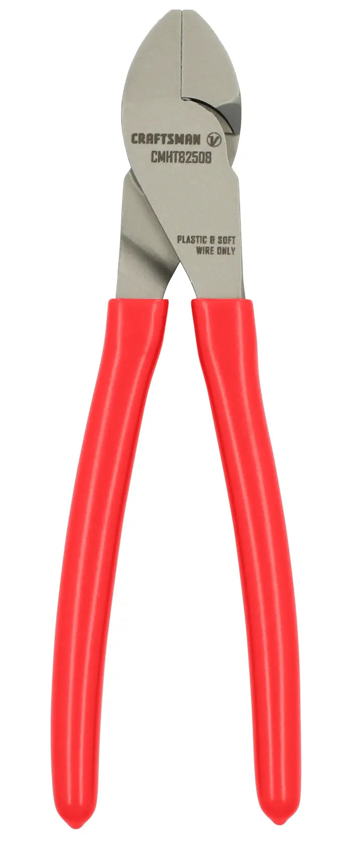 Photo of Craftsman CMHT82508 diagonal cutting pliers with red handles, front view on white background.