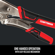 Photo of Craftsman locking pliers with red and black anti-slip grips, SKU CMHT82549, close-up side view.