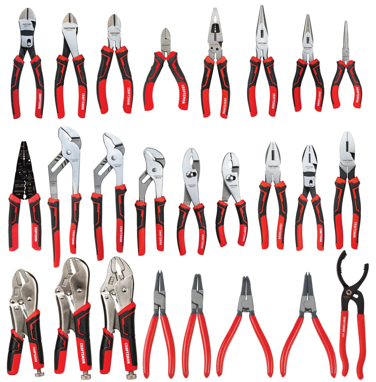 Photo of Craftsman pliers set CMHT82625 with assorted red and black-handled pliers on white background.