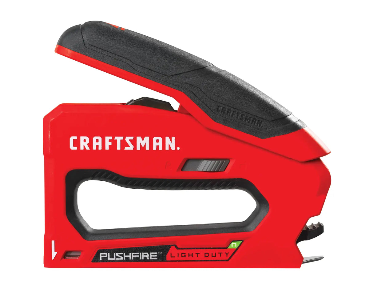 Photo of CRAFTSMAN Pushfire light duty stapler, red and black, side angle, SKU CMHT82642.