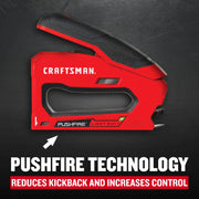 Photo of Craftsman light duty stapler CMHT82642 with Pushfire technology, shown from the side on black background.