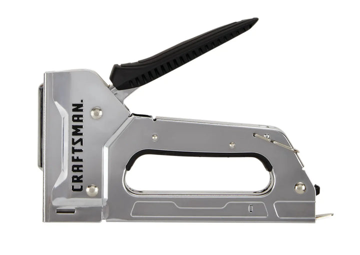 Photo of Craftsman stapler, chrome finish, black handle, side view, SKU CMHT82644.