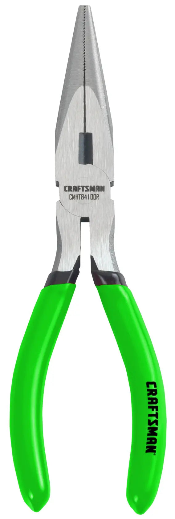 Photo of Craftsman CMHT84100G long nose pliers with green handles, front view on white background.
