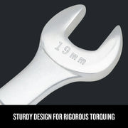 Craftsman 19mm open-end wrench, silver finish, close-up angle, CMMT10947.