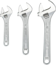 Craftsman CMMT12001 adjustable wrench set, three silver wrenches, top view, white background.