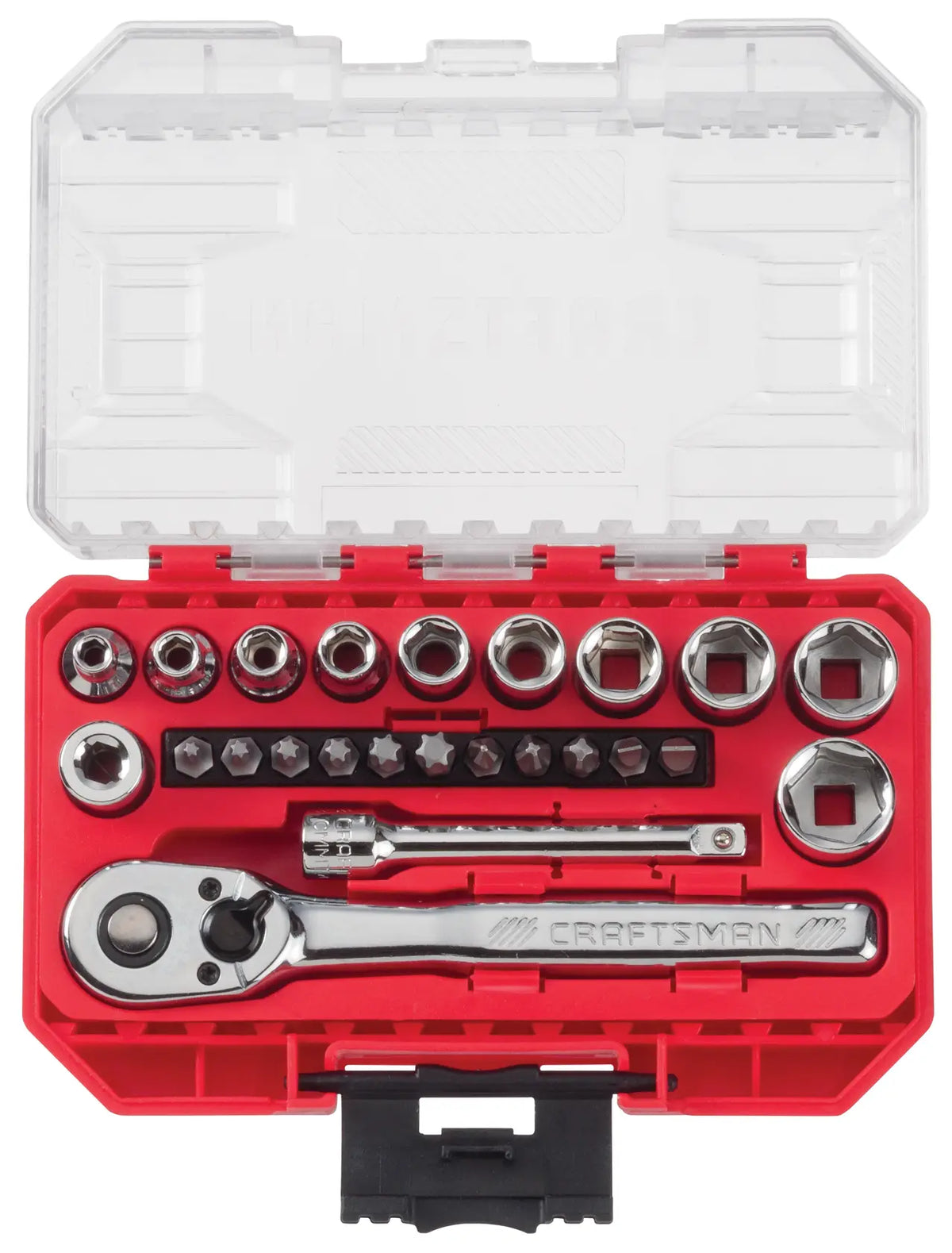 Craftsman socket and ratchet set CMHT68702 white background beauty shot top-down angle