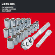 Photo of Craftsman 1/2 in. drive socket set CMMT12015 with ratchet, extension, and 20 sockets, front angle.