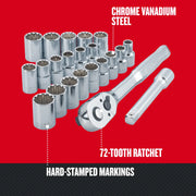 Craftsman chrome vanadium steel socket set with 72‑tooth ratchet and hard-stamped markings, CMMT12015.