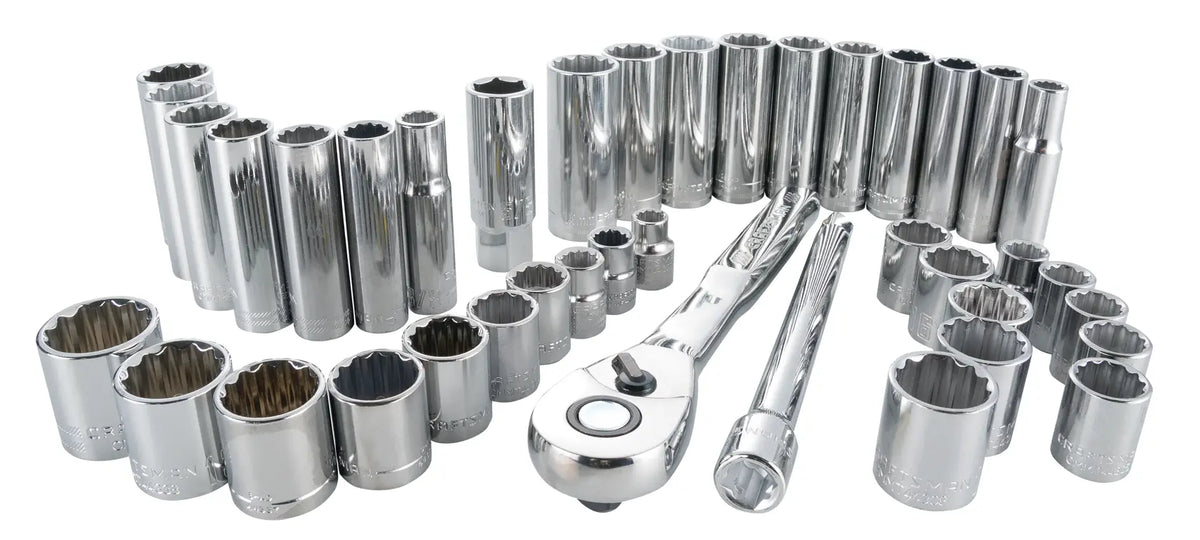 Craftsman CMMT12018 chrome socket set photography, includes ratchet and extension, front angle.