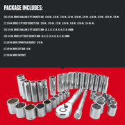 Craftsman socket and ratchet set CMMT12018, chrome finish, assorted sizes, front angle on white background.
