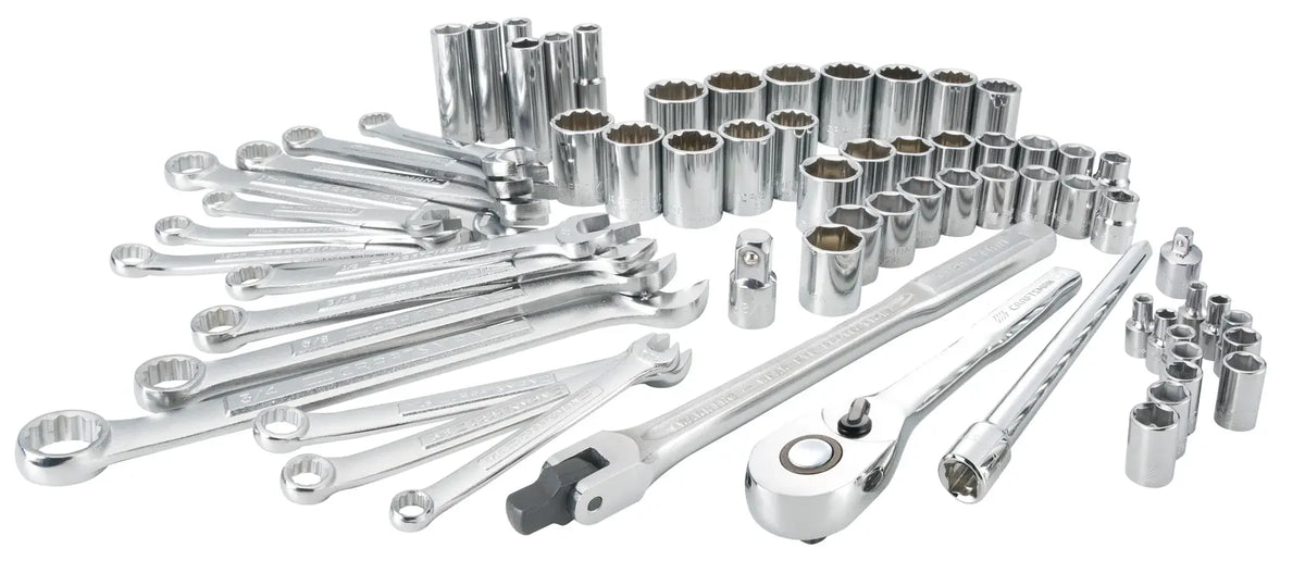 Photo of Craftsman CMMT12020 chrome socket and wrench tool set, assorted sizes, white background, top view.