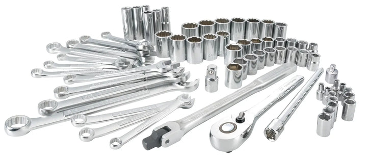 Photo of Craftsman CMMT12020 chrome socket and wrench tool set, assorted sizes, white background, top view.