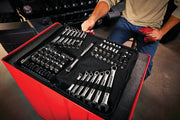 Photo of Craftsman socket and wrench set, SKU CMMT12020, arranged in a black case on a red tool chest.
