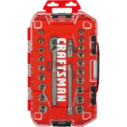 Craftsman CMMT12029 socket wrench set in red clear hard case, front angle, arranged with sockets and accessories.