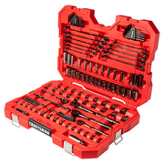 CRAFTSMAN CMMT12033L mechanics tool set with sockets, wrenches, and bits in a red hard case, angled view.