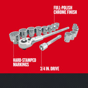 Craftsman ratchet and socket set CMMT12036 with polished chrome finish and hard-stamped markings, front angle.