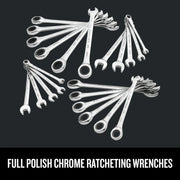 Photo of Craftsman chrome ratcheting wrench set, SKU CMMT12039, arranged in groups on dark background.