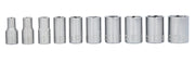 Craftsman CMMT12041 chrome socket set, 10 metric pieces in a row, front view, white background.