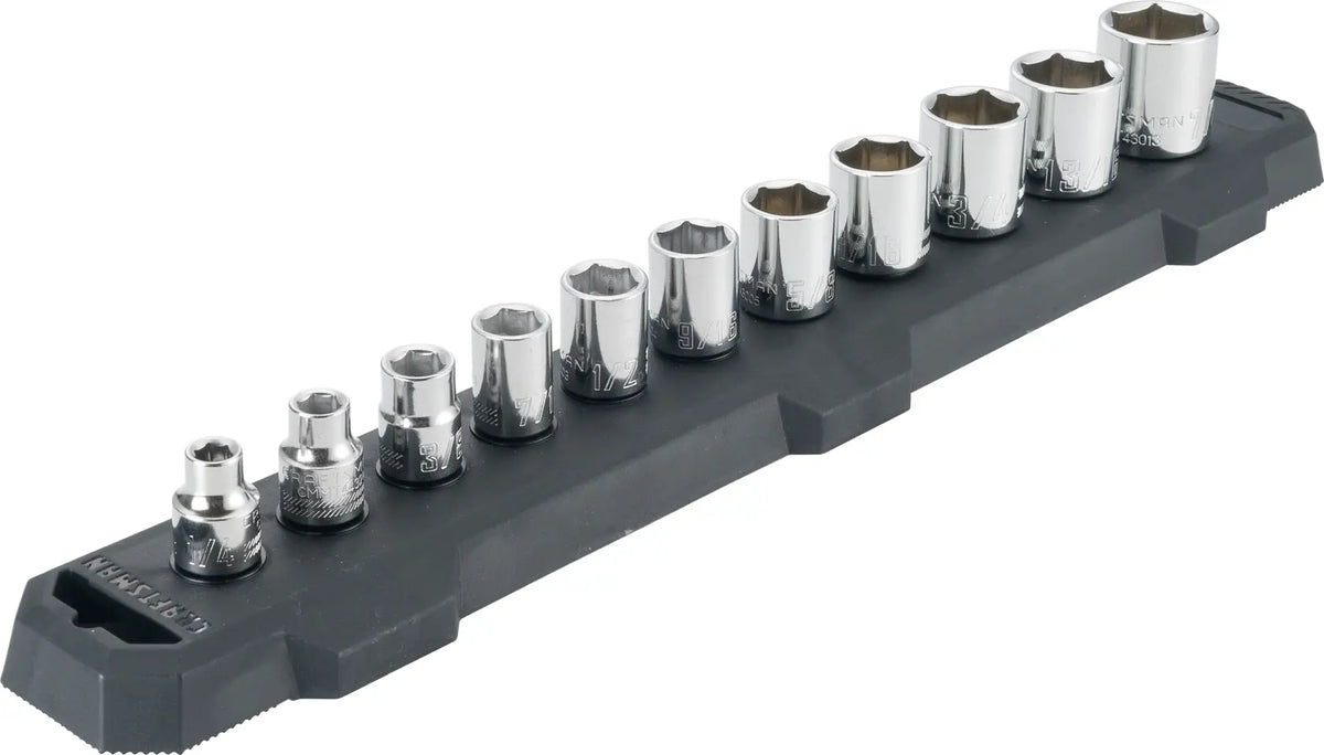 Craftsman CMMT12042 chrome socket set on black tray, photography, angled view, assorted socket sizes