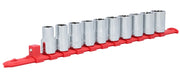 Craftsman CMMT12047 socket set on red rail, chrome finish, front angle, hand tool photography