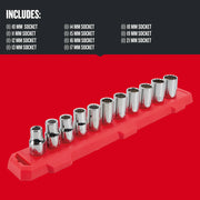 Photo of CRAFTSMAN socket set SKU CMMT12047 on red holder, 12 chrome sockets shown from front angle.