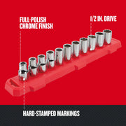Craftsman socket set with chrome finish on red holder, features CMMT12047, 1/2 in. drive, stamped markings.