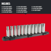 Craftsman deep socket set with 13 chrome sockets on black tray, SKU CMMT12048, front angle photo.