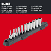 Craftsman CMMT12050 chrome deep socket set on black tray, product shown at angle on white background.