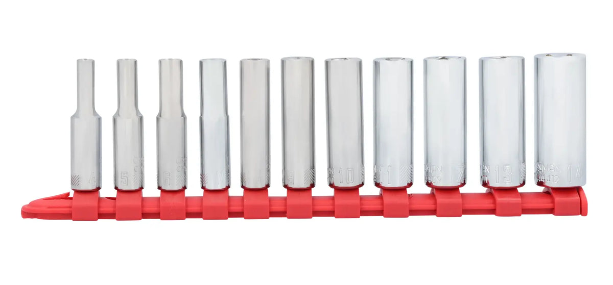 Photo of Craftsman socket set CMMT12051 on red holder, front view, chrome sockets arranged in a row.