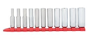 Photo of Craftsman socket set CMMT12051 on red holder, front view, chrome sockets arranged in a row.