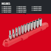 Craftsman deep socket set CMMT12051, 14 chrome sockets in red holder, front angle photo.