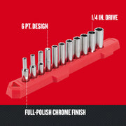 Craftsman CMMT12051 socket set with 6-point design, 1/4 inch drive, full-polish chrome finish, side angle on red tray.