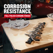 CRAFTSMAN wrench set CMMT12052LZ with chrome finish on wooden table, graphics highlighting corrosion resistance.