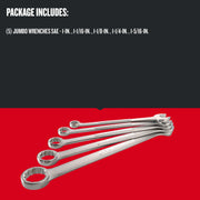 Craftsman jumbo wrench set CMMT12054, five silver wrenches, angled view on red background.