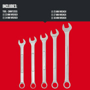 Photo of Craftsman CMMT12055 metric wrench set, includes five silver wrenches 23mm to 30mm, on red background.